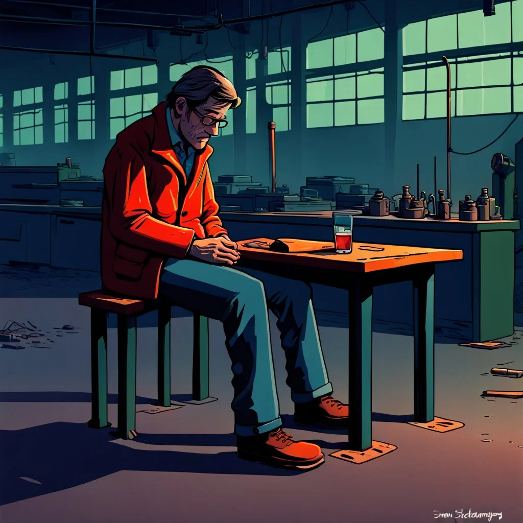 an very sad transparent drinking glas man with legs and shoes, working clothes, in a factory, nobody cares about the empty glas, that is why he is so sad :( , he had worked 30 years in the factory and never had a salary increase, tears in his eyes, simon stålenhag cartoon style