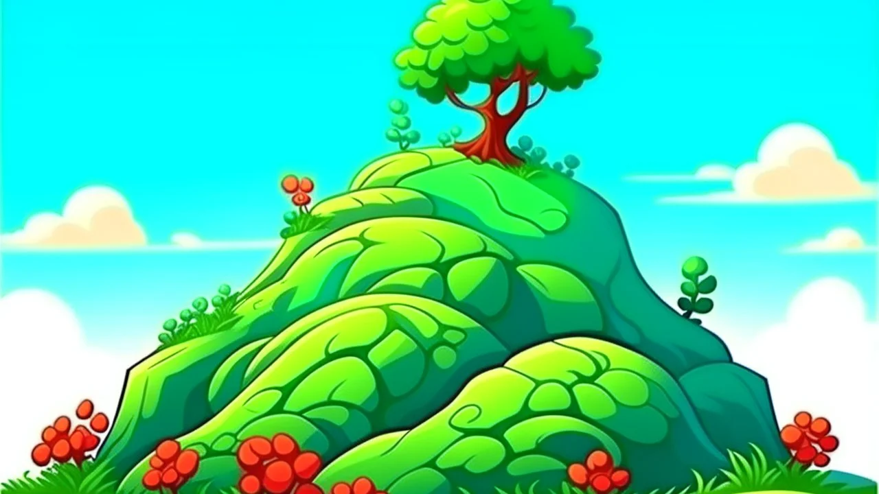 fantasy cartoon illustration: a shrub on a hill, there is a ribbon on the shrub