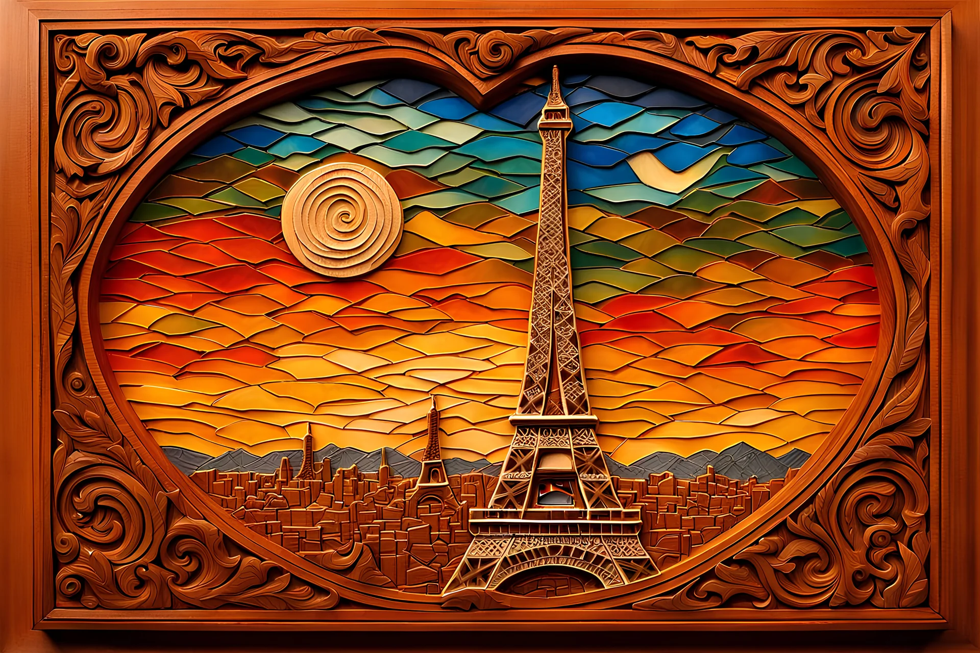 A stunning Eiffel Paris and surrealistic hand-carved and mosaic artwork on wooden clay tiles, depicting an ethereal and fantastical subject. The intricate detailing and craftsmanship of the relief carving and mosaic work create a mesmerizing and visually captivating art piece. The technique combines the finesse of wood carving with the precision of mosaic art, resulting in a unique and awe-inspiring masterpiece.
