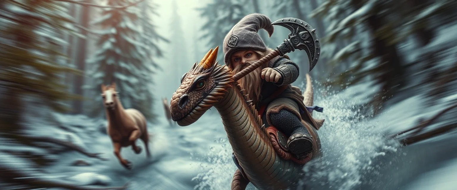 oil painting ,close up motion blur portrait of dwarf thief - Forgotten Realms dodging cyberpunk armored dwarf with war half moon axe hammer with spikes, riding tiny furry brown and purple dragon above water and along winding branches in lush icy forest along speeding horses , bokeh like f/0.8, tilt-shift lens 8k, high detail, smooth render, down-light, unreal engine, prize winning