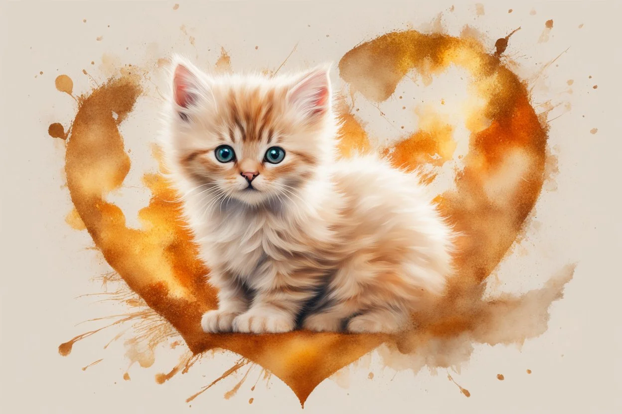 double exposure, merged layers, fluffy beige kitten with dynamically blazing fire in ochre, ink splatter art, watercolor and ink, golden glitters, double exposure heart and love