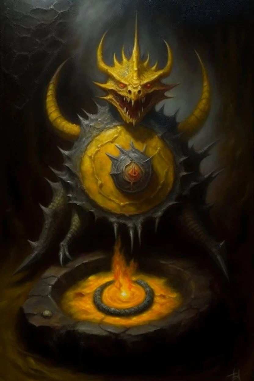 Living cauldron with yellow sigil, slightly demonic golem lizard in it, prize winning oil painting