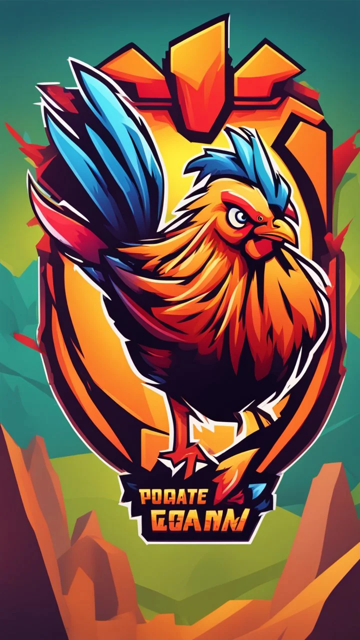 Create a bold and vibrant gaming logo featuring a chicken, with a dynamic composition, bright colors, and dynamic lighting