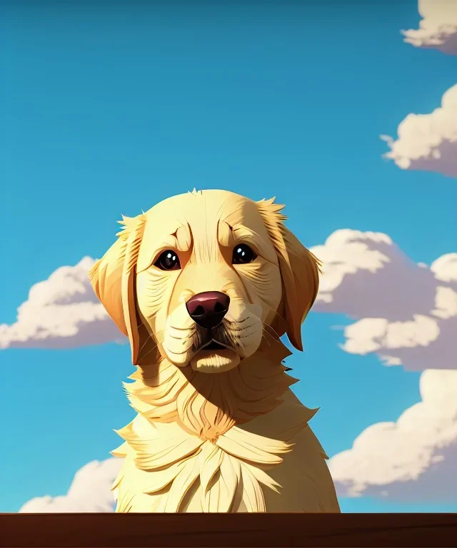 Cute golden retriever puppy dog sitting down looking up , plain background