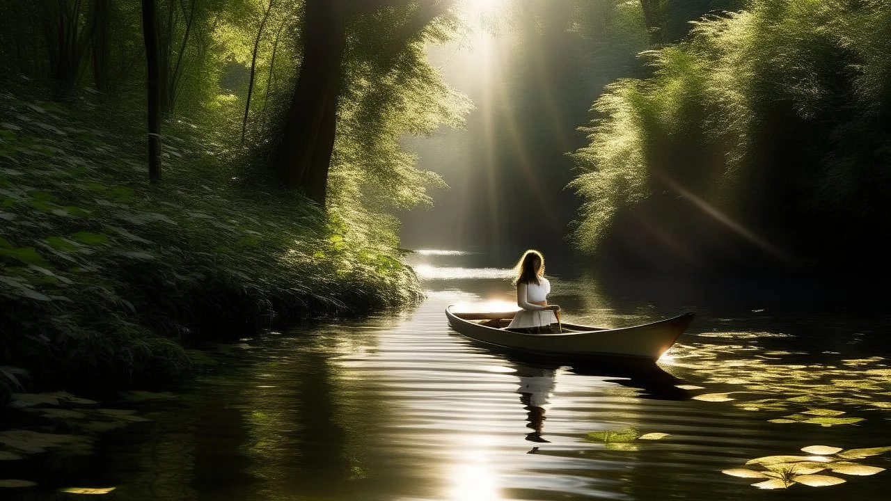 A solitary lady in a canoe is stopped in a backwater; sunlight reflects on the water, creating white flashes against the dense foliage in the background.