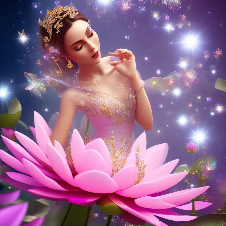 one big crystal subtle lotus in a galactic ambiance with a beautiful fairy, delicate colors, finely tuned detail, ultra high definition, 8 k, unreal engine 5, ultra sharp focus