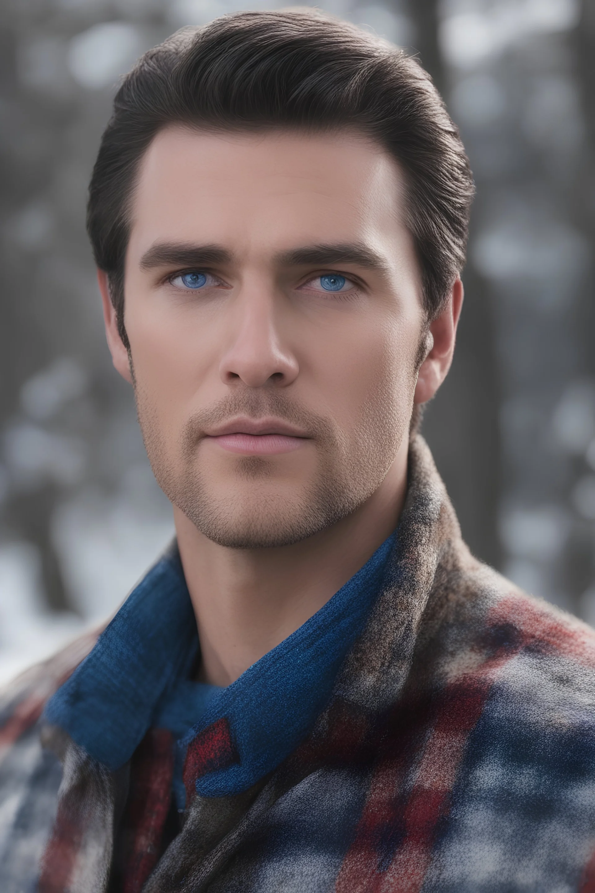 Blue eyes, close-up facial portrait - a Bright, well-lit UHD, 1080p 32k, photograph - winter time, hunting season, part Jesus Christ, part Elvis Presley with a mustache and short crew-cut hair, part Lee Majors, Part red and black checkered wool coat, blue jeans, cowboy boots, plaid shirt, sunbursts, crosses, 3D lighting, diamonds, hearts, Butterflies, Clovers, Roses, extremely colorful,