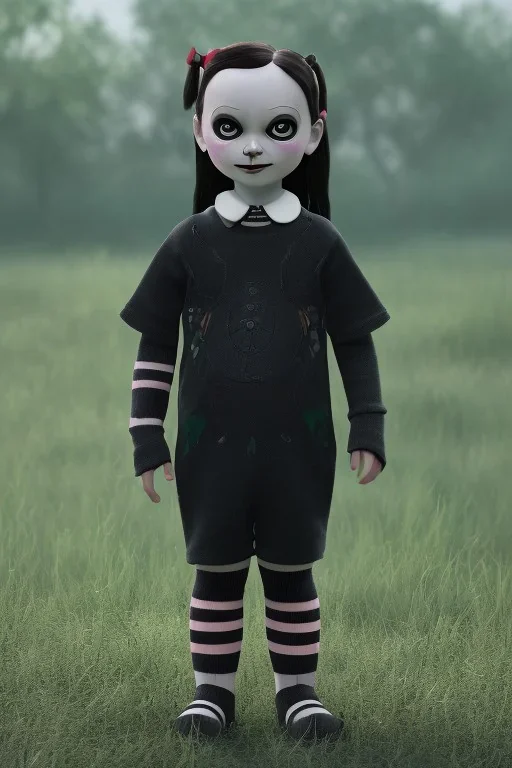 Wednesday Addams toddler, full body, bokeh, hyper realistic