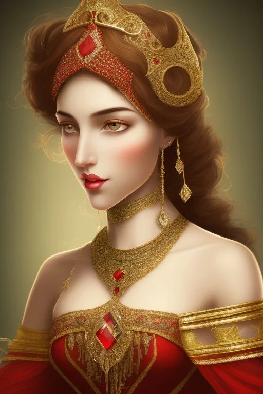 A beautiful Arab woman with white skin, brown hair, long curly hair, red cheeks and lips, wearing an elegant red dress from the Victorian era, wearing a necklace and earring made of green sapphire and gold