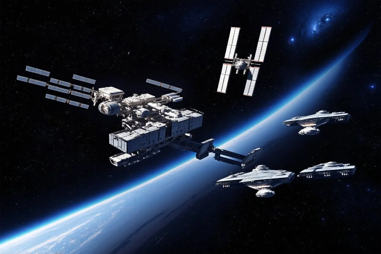 Space station resembling Deep Space 9 in size and structure but grander, dominates the composition, flanked by six O'Neal Class stations equidistant at new angles, casting formidable shadows, all aglow with self-generated power, encircled by an armada of starships moving rhythmically, foreground detail, with a backdrop featuring a nebula, myriad stars, and an elegant comet streaking, Syd Mead