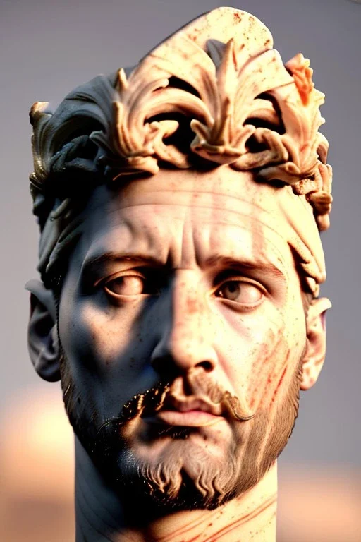 Realistic image, Roman sculpture made in white marble with gold veins, Lionel messi with gold laurel leaves crown, decorative star on the chest, waist up portrait, marble material, gold ornaments, Baroque style, sun rays background, epic, celestial, cinematic lighting, God lights, 4k resolution, smooth details, soft lighting, unreal engine 5, art station, substance 3d.