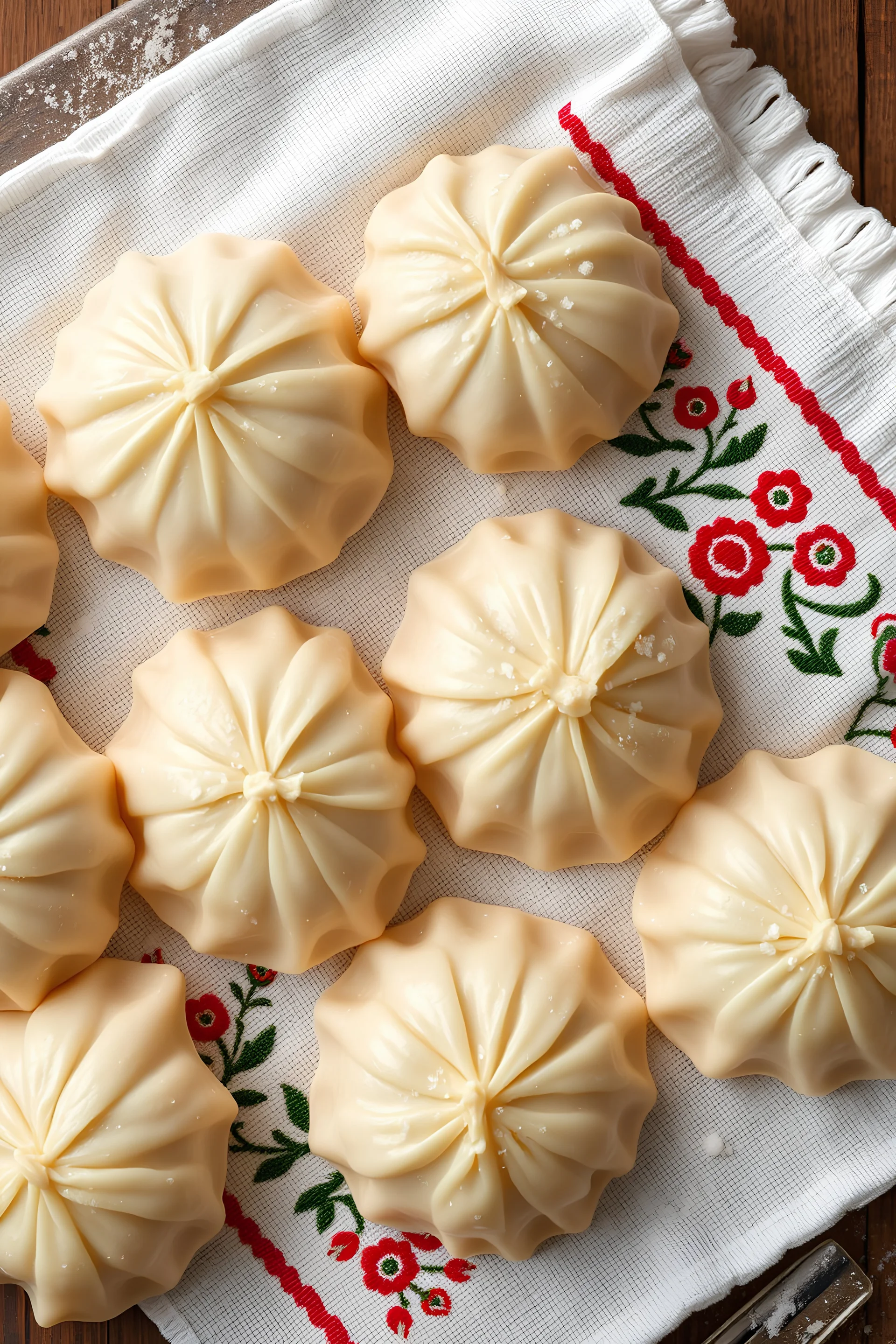 Artistic composition of raw, freshly molded dumplings on an embroidered towel, a little flour, realistic photo, high detail, high quality stock photography, 16k