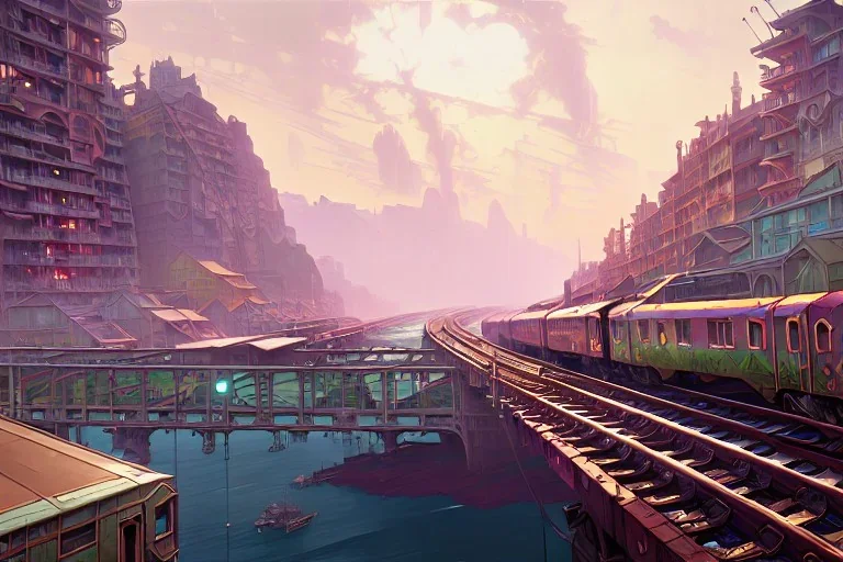 close up train+Elevated train+train+corner town on sea+sea+Italian colourful sea village +alphonse mucha, greg rutkowski,matte painting, cryengine, hyper detailed, felix kelly, fantasy art, seb mckinnon