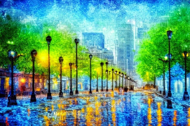 City near trees, Photography, impressionism painting