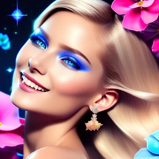 Full body Princess, sexy woman blondie, make up, beautiful smiling face,blue eyes, beautiful place,amazing, flowers, colors, blue and pink butterfly, realistic, photo real, stars night, detailed, high contrast, 8k high definition, unreal engine 5, extremely sharp detail, light effect, light background