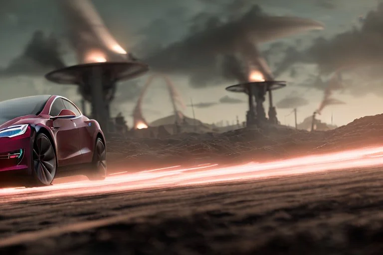 A Tesla 'Model Y' is going at a high speed, during the battle of "The War of the Worlds" (of H.G. Wells). (CINEMATIC, WIDE ANGLE LENS, PHOTO REAL)