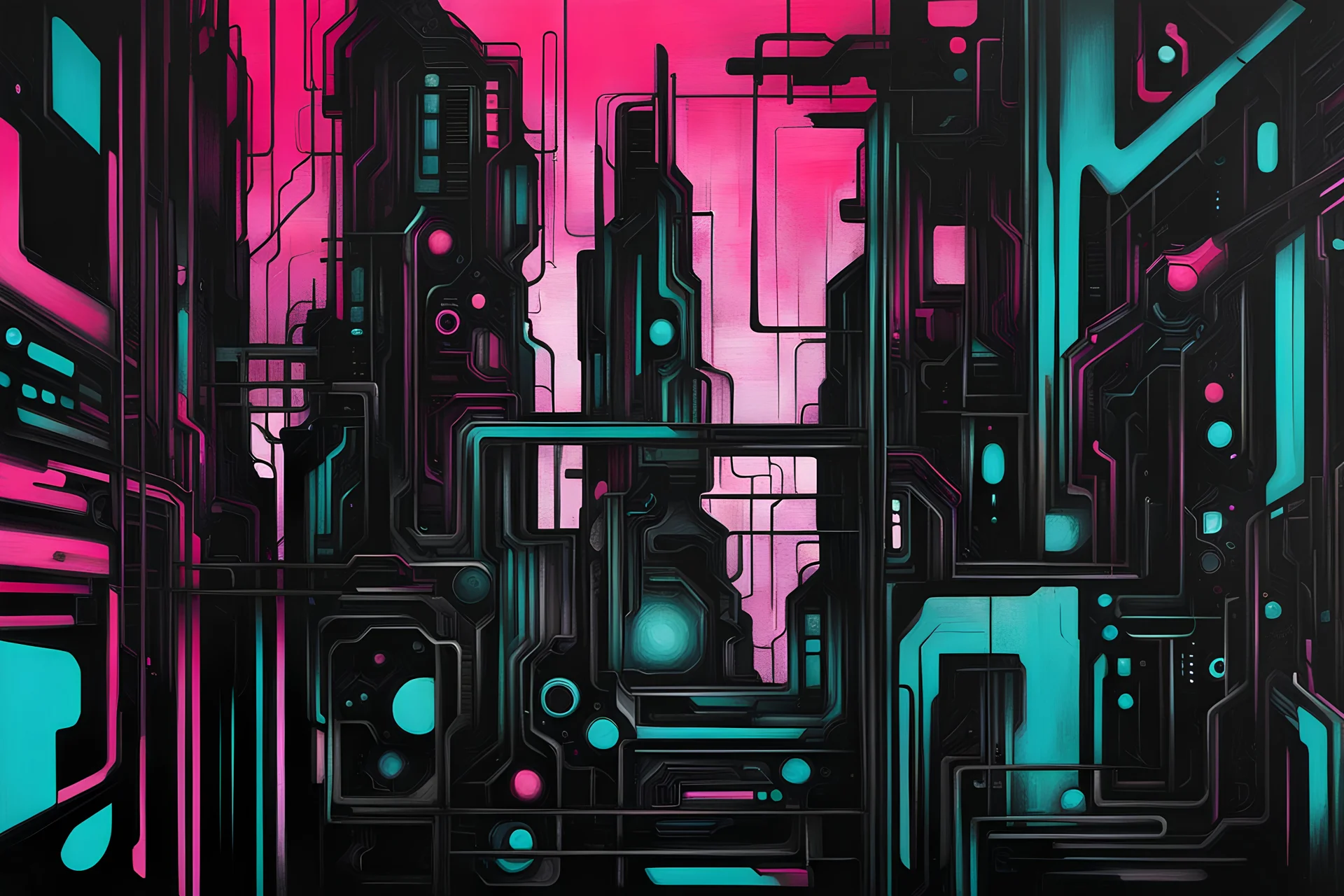 Black, turquoise, and pink abstract cyberpunk paintings