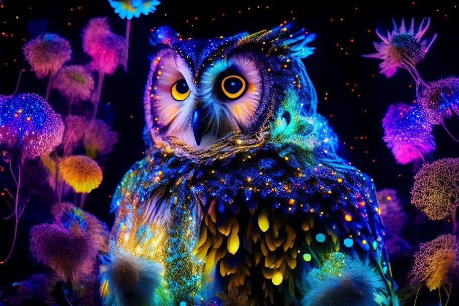 flowergarden, bodyscape double exposure owl portrait of a colorful intricated flowergarden, forest and colorful stars of sparks on the front of an insanely beautiful fluffy owl body with colorful fur of fluorescent light emitting fiber optics, standing in a dark place, playing with the fur, fluorescent pigment body painting style by John Poppleton and Bob Ross, diffused lighting, double exposure, blend, illusion, octane render, digital painting, extremely detailed, Award winning photography, 8k,