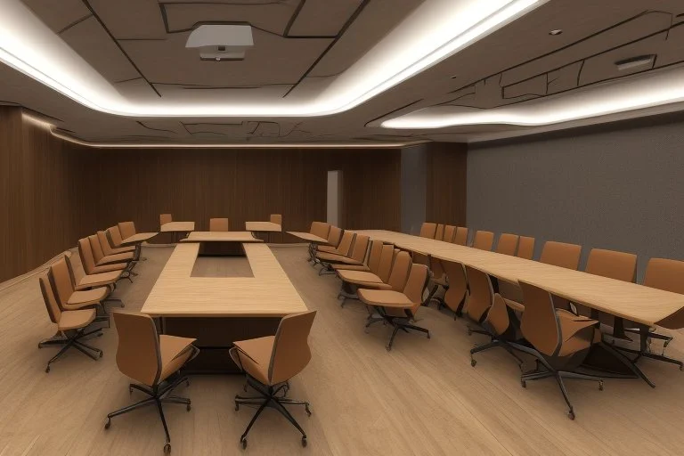 square meeting room and a table in the middle for 12 people and the walls are brown and the table