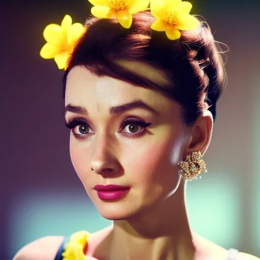 Audrey Hepburn has glow effect. She has beautiful eyes, Her hair flies in the air. with yellow flowers for hair, closed eyes, rtx, reflection, 8k, glow, winning photography, caustics