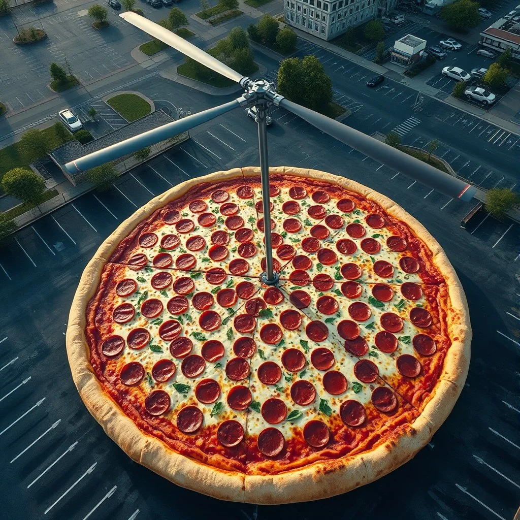 Photograph from a helicopter looking down on a parking lot where a colossal pepperoni pizza takes up the entire lot, fantastical, gigantic food, concept art, realistic looking