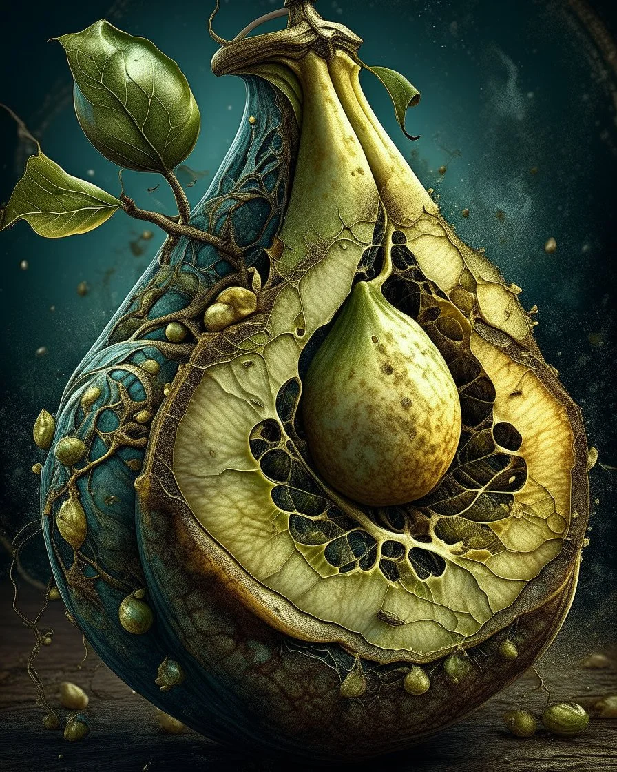 Grunge, woman as a decaying dried out Pear intricately showing its internal structure and seeds, cyberpunk, ultra unique natural textures, slight imperfections, vray.