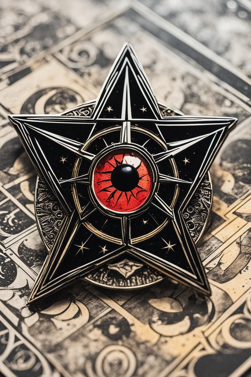 the symbol of an ancient Catalan female vampire coven , in the form of highly detailed 12 sided star with the all seeing eye at its center lapel pin, in the graphic novel style of Bill Sienkiewicz