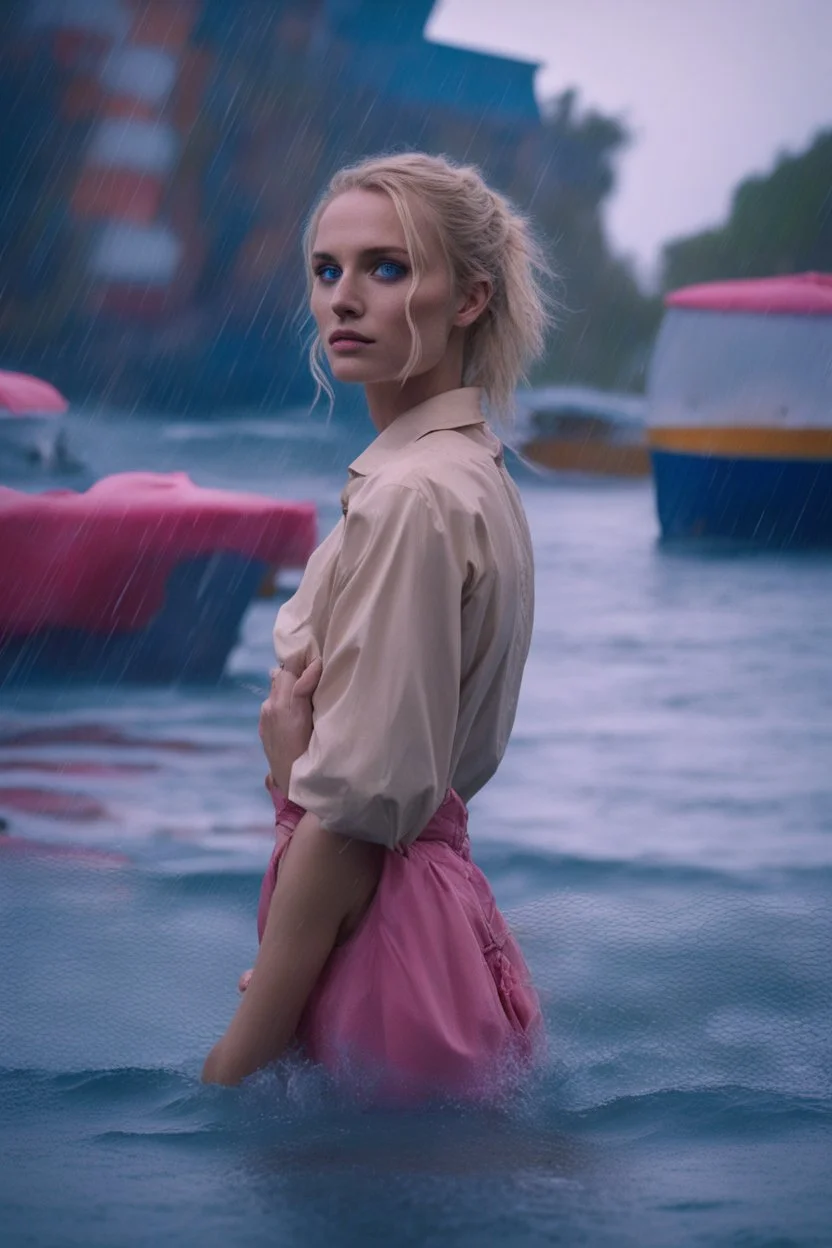 In the music video, a 23-year-old woman with blonde hair and bright blue eyes stands in the sea, se has a bun.. She holds an umbrella, but it offers no protection from the pouring rain. The rain pours through the umbrella, it is leaking and makes staines. The rain under the umbrella is heavy paint petrol blue, the rain transforms through the umbrella. She is painted blue because of the blue rain drops. The rain is pouring heavily. She is standing in the middle of the sea. the raindrops are paint