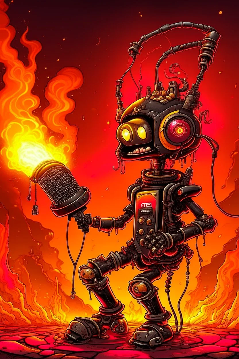 Firestarter animateur radio hardrock with a microphone. Seems angry against robots. Flames all around