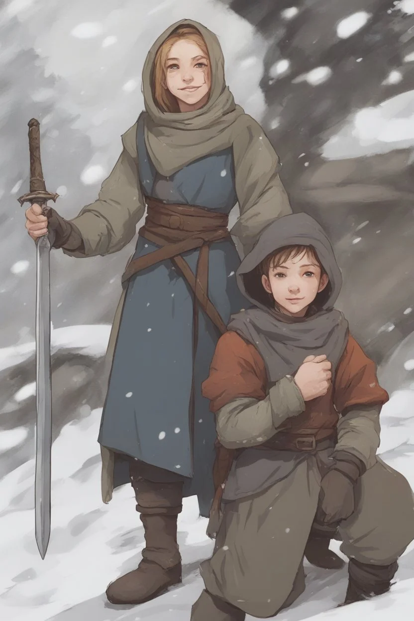 DnD style, two medieval peasant kids playing in the snow male and female, age 14 and 15, happy and playful, he has a short sword.