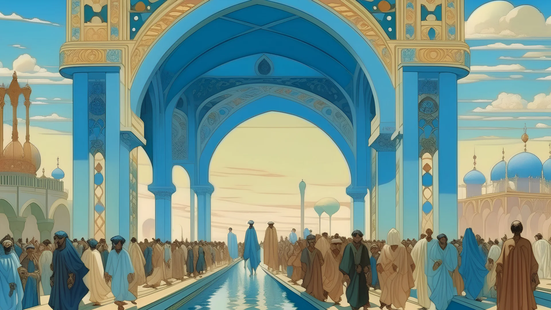 modernist style, A smoky heat was steaming over the busy gulf; below, a shining arch depicted a current, while a crowd of Middle-Eastern female, Asian male, and Hispanic female prepared to cross the bridge under a clear blue sky., art nouveau, soft colors