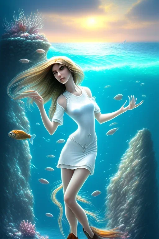 long hair fish lady with white top set on the rock in the ocean