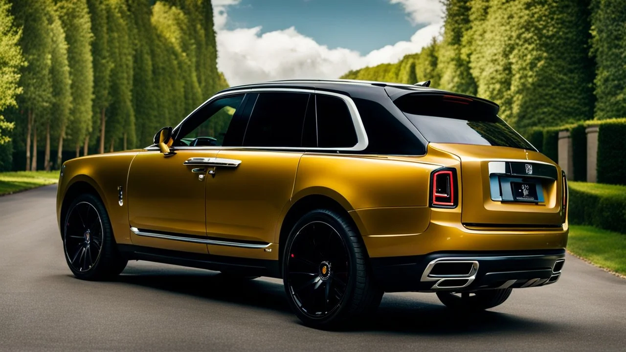 A sleek rear view of (((Rolls royce cullinan super tuner))), on street, with hill and trees around, a beautiful clouds and sunny weather, 4K, Superdetailed, No mistakes