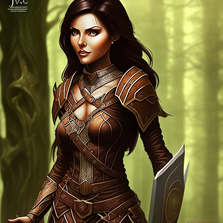 dungeons and dragons, female wood elf, druid, brown hair, brown eyes, full body, realistic face, short hair, large nose, closed mouth, leather armor, dark skin, one person