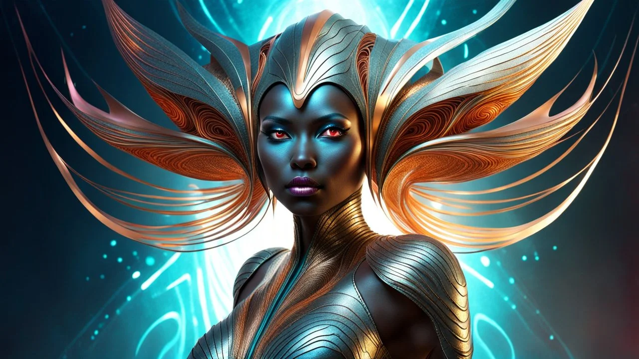 futuristic illutration: a fantasy female creature with a textured, metallic body that emits rhythmic, scratchy sounds. Its skin resembles the grooves of a guiro, with vibrant, swirling patterns. It has lively, glowing eyes and moves gracefully, radiating energy