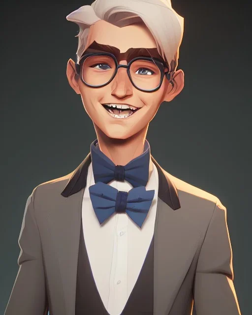 tall young man witbh square glasses, blonde hair and grey eyes. He wears blue shirt, dark tails, bow tie and chimney pot hat. He is laughing