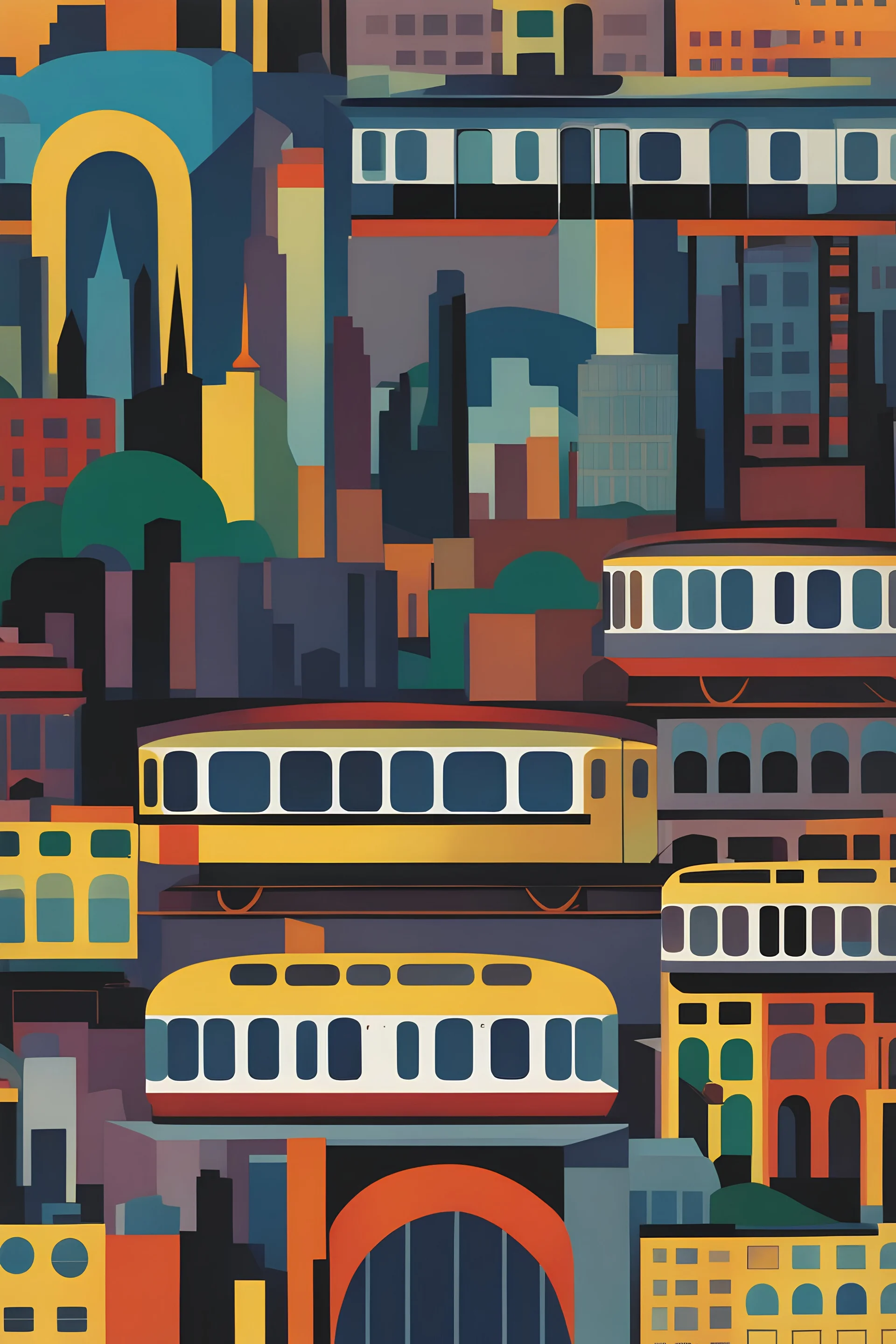 New york sky line by Kandinsky and Eyvind Earle. Subway train
