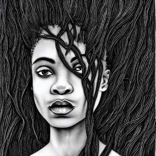 Paper. Pencil sketch art .the face of A young black woman. A wood nymph emerging from the forest. Her hair looks like vines. Dreadlocs. Her skin is the colour of dark soil. Her skin looks like tree bark. Her clothing is made of vines, grass and leaves.