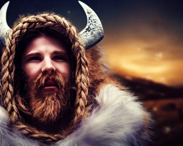 a sad and lonely viking looking up at the stars at night, hyper realistic, 8k, insane detail, atmospheric background, crying eyes, big fur coat, long braided hair, sharp focus, soft background, dynamic lighting, viking helmet, night time, sad mouth, sad eyes,