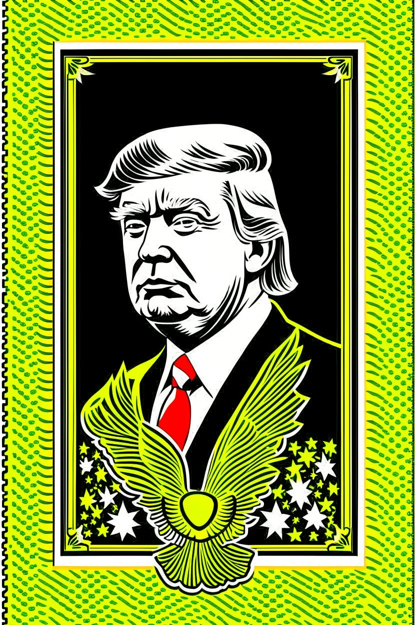 president donald trump in style of shepard fairy obama poster style gold colour stencil with american flag