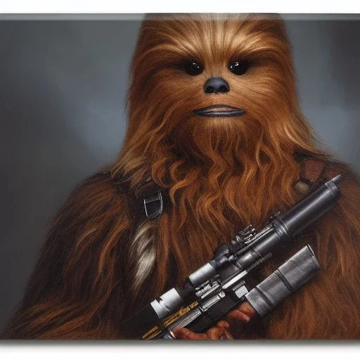 photorealistic and intricate portrait of chewbacca in star wars by rosa bonheur, wearing beskar armor, deep dark colors, hyperdetailed, 32K, oil on canvas,