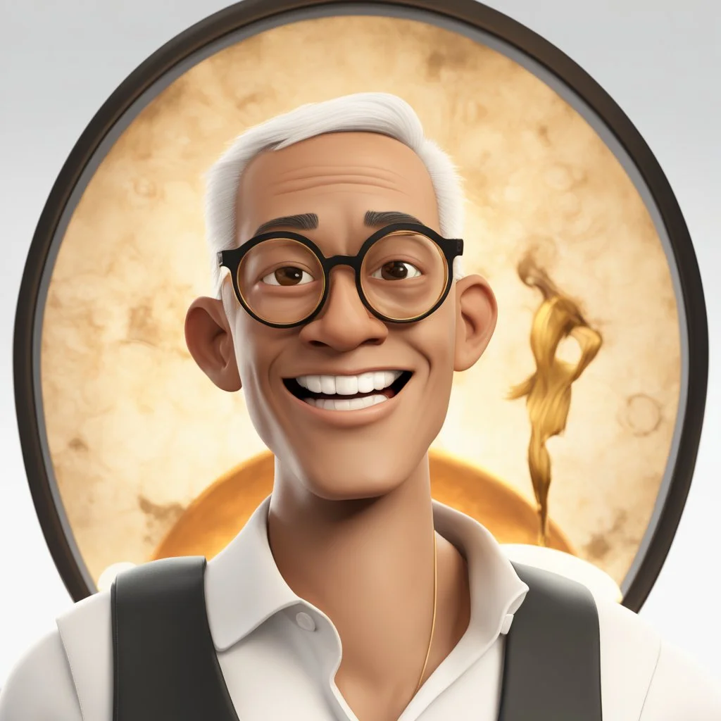 a portrait of smiling man. caricature. black rare hair. fair brown skin. black eye pupils. circle eyeglasses, thin gold frame. reverse oval face shape. white shirt with black vest. pixar style. 3D. 4k. portrait. highly detailed. sharp focus. high resolution. full color. cinema lighting