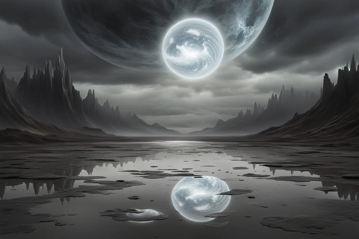 grey sky, planet in the sky, puddle, sci-fi, mountains, galactic cosmic influence