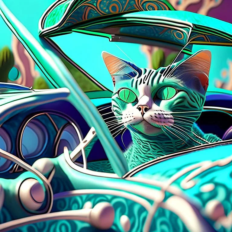 : A crazy cat driving a convertible sports car, inspired by the whimsical paintings of René Magritte, with a muted blue and green palette, where the car is in focus and the surroundings are blurred into abstract shapes, framed with an intricate lace pattern. Modifiers: sharp focus illustration photorealistic dynamic lighting 4K 3D colourful hdr very cute cinematic postprocessing