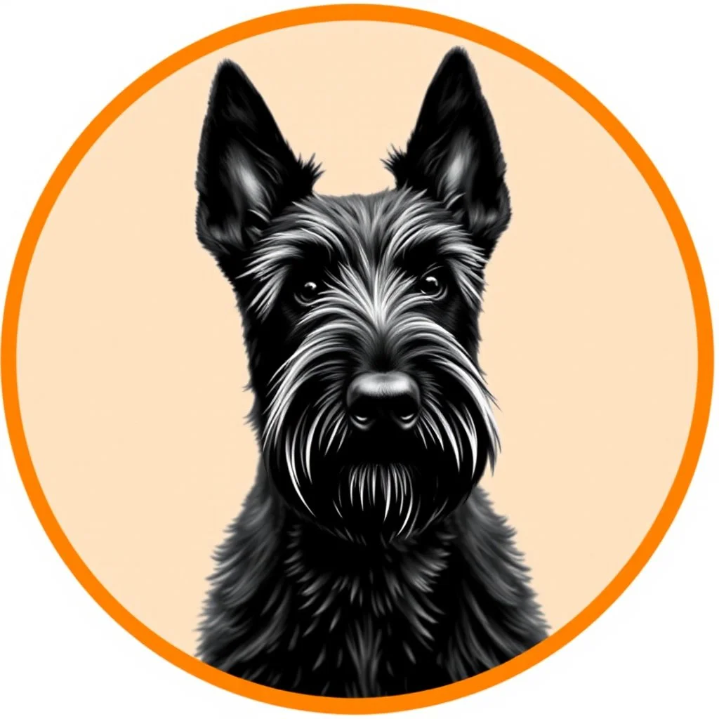 an orange circle containing a black and white image of a Scottish terrier