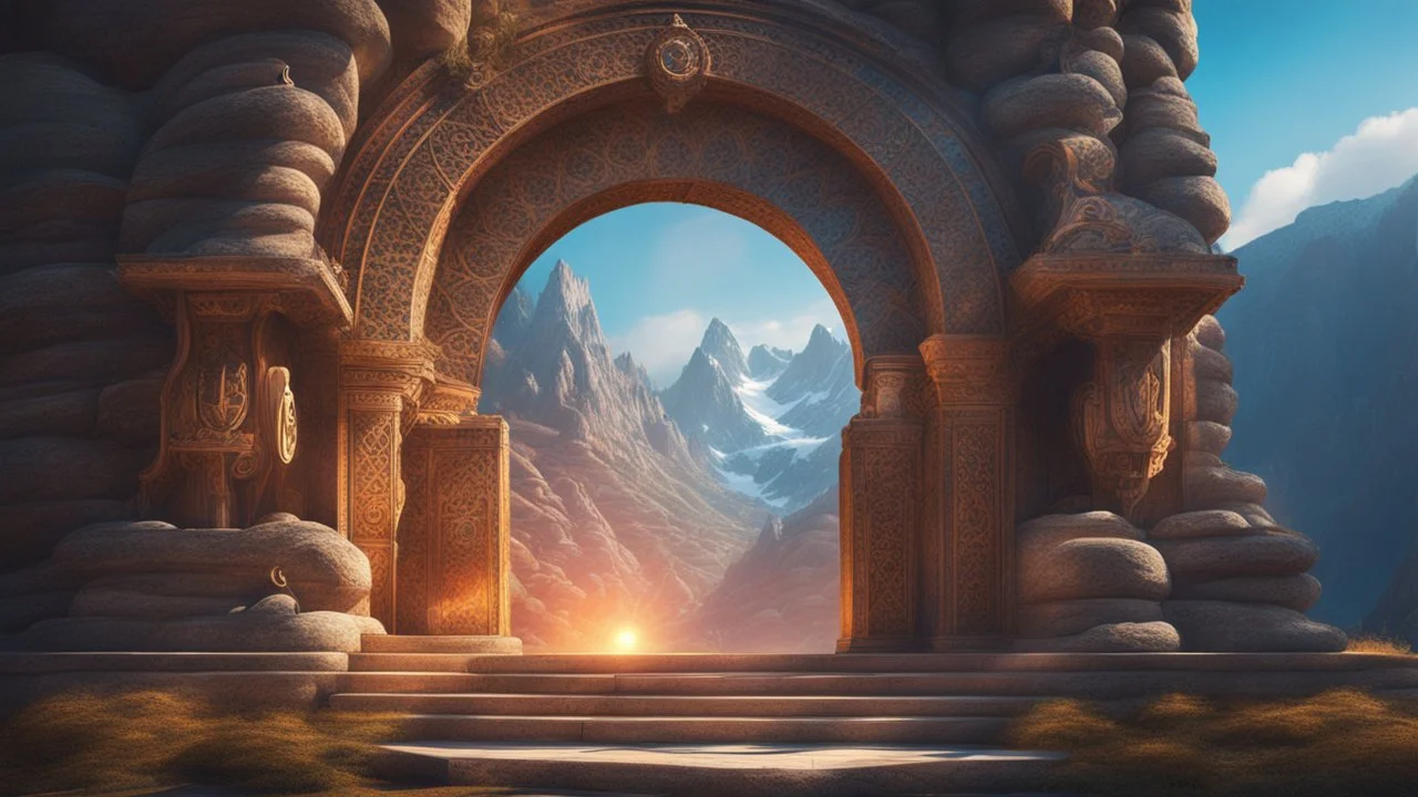 an ancient magical portal whirling with the light from another world. stone guardians. mountains. cinematic lighting, hyper realisme, Hyperrealistic, splash art, concept art, mid shot, intricately detailed, color depth, dramatic, 2/3 face angle, side light, colorful background