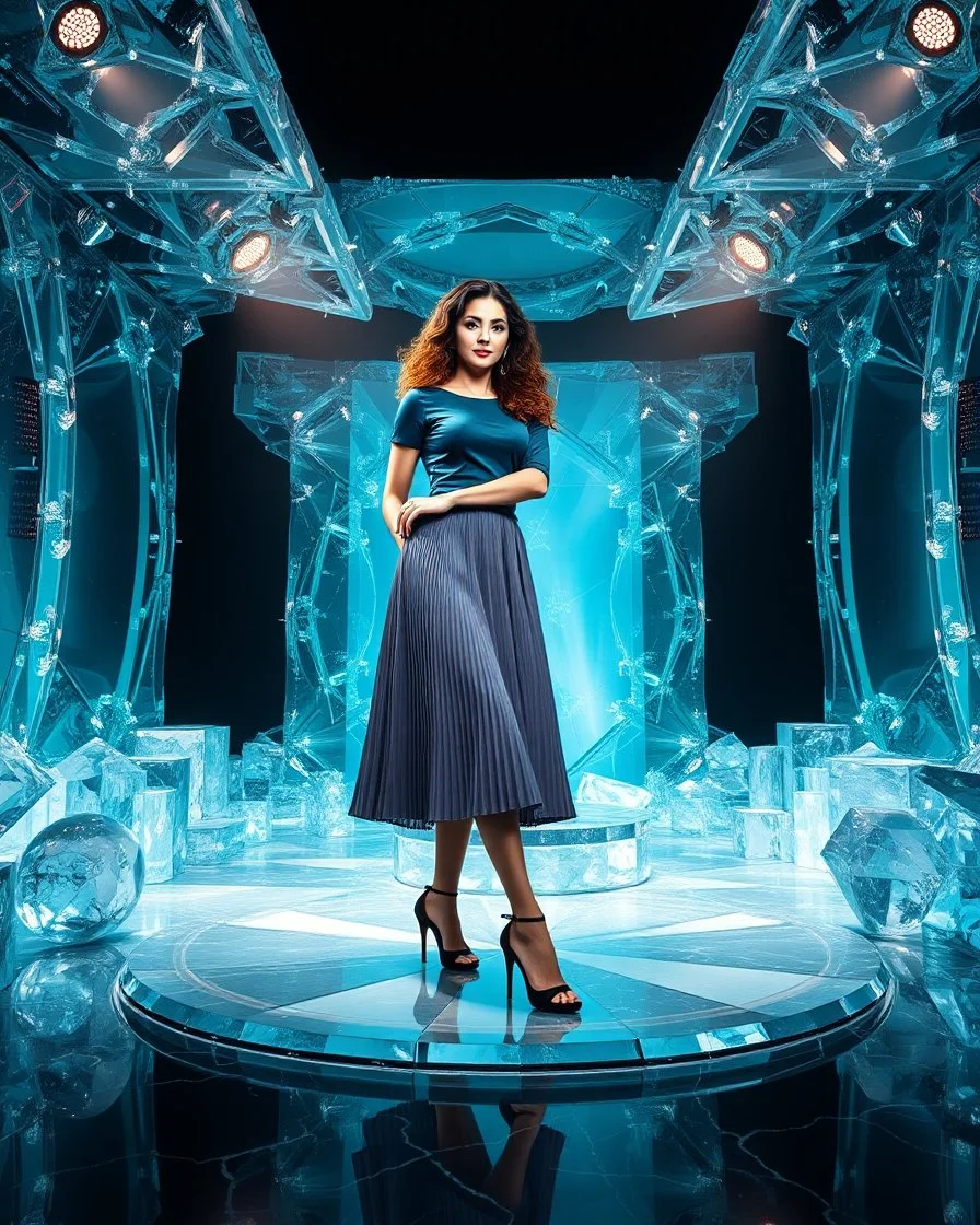 make a picture pretty stage made of crystal diamond 3d fractal recursive cubic and sphere base structures and a beautiful fashion model lady posing with cute,with dark cyan decholte top and pretty pleated midi skirt,siver high heels ,makeup curvy long hair,dynamic camera zoom to full body and pan, dynamic lights.