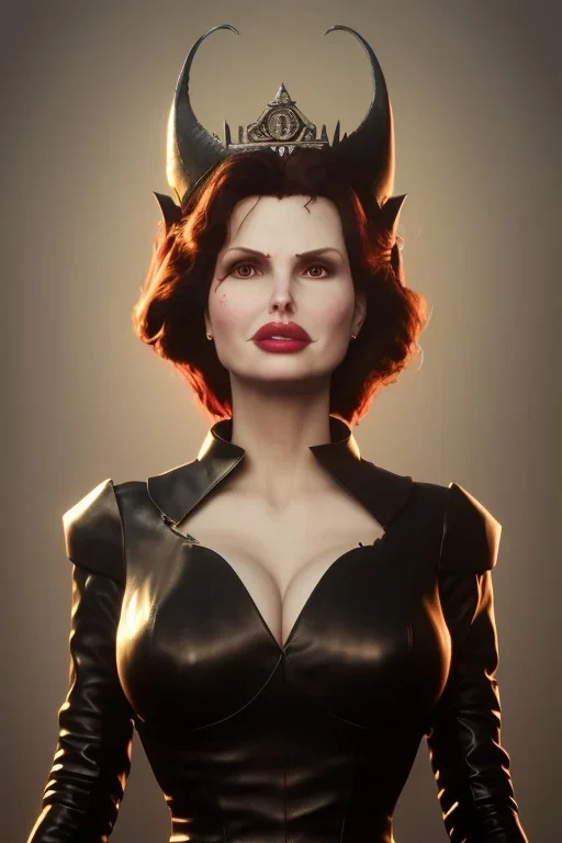 Geena Davis as evil queen in black leather, leather, busty, cleavage, angry, rage, stern look. character design by cory loftis, fenghua zhong, ryohei hase, ismail inceoglu and ruan jia. unreal engine 5, artistic lighting, highly detailed, photorealistic, fantasy