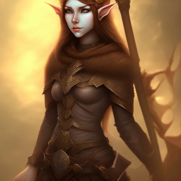 dungeons and dragons female elf druid, brown hair, brown eyes, pale skin, realistic face, full body