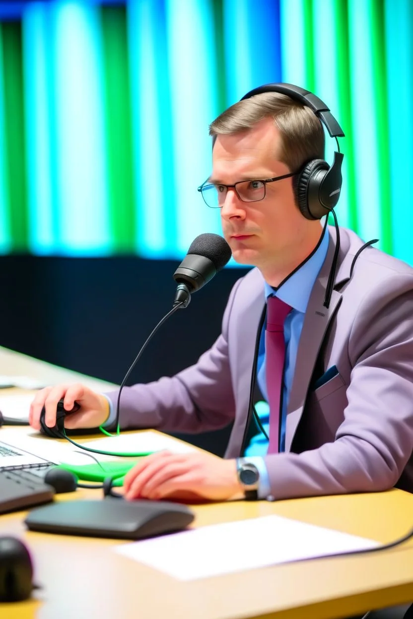 A simultaneous interpreter is sitting at a table with headphones with a microphone on his headphones at a foreign briefing, the background is blurred, everything is in pastel colors,